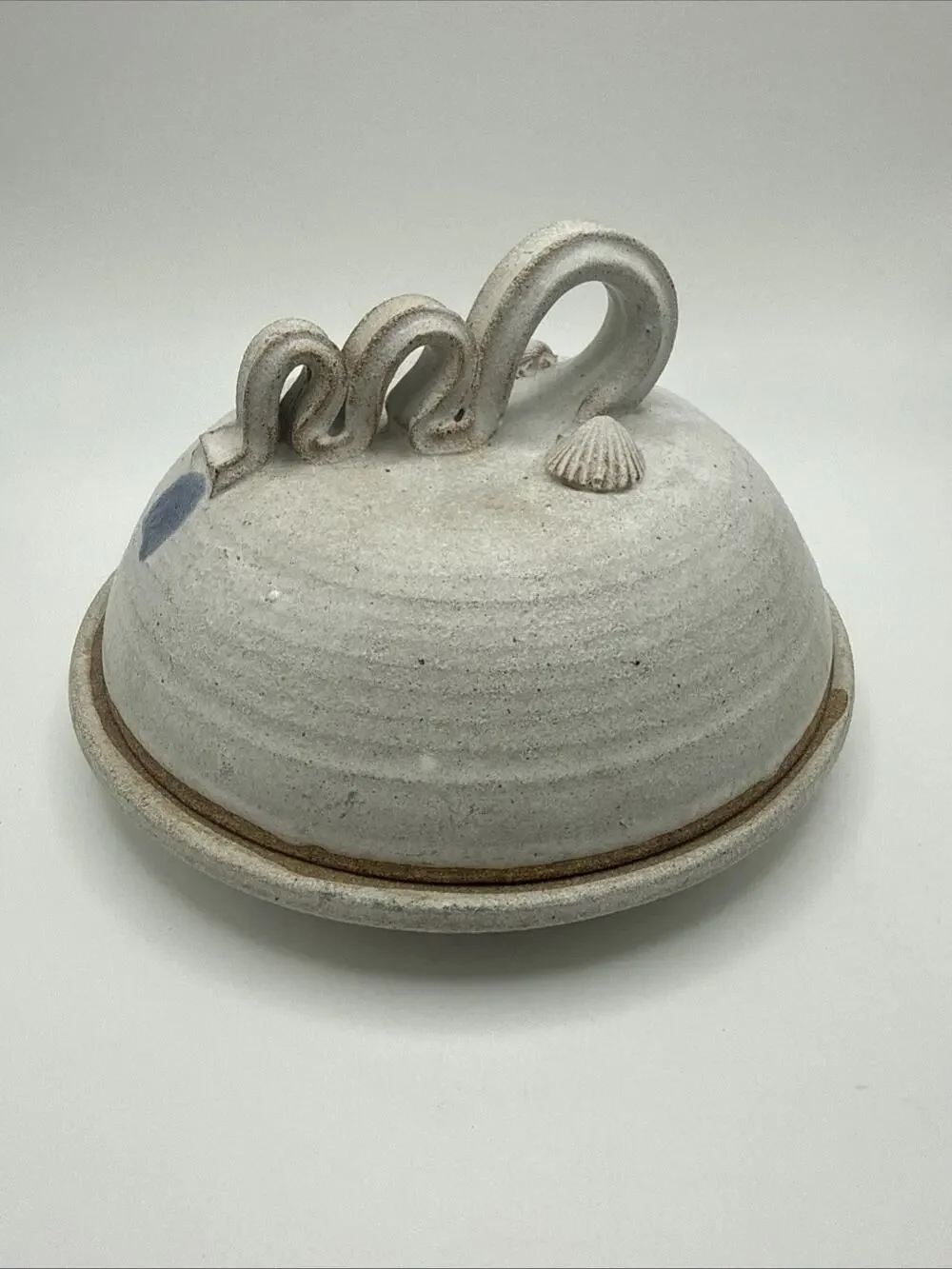 Vintage Handmade Pottery Lidded Blue & Cream Cheese Crock w Ribbon Handles